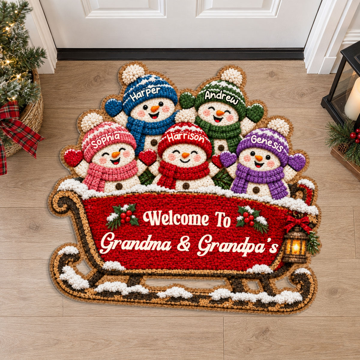 Grandkids Snowman On Sleigh - Personalized Door Mat - Christmas Decor For Grandparents, Family