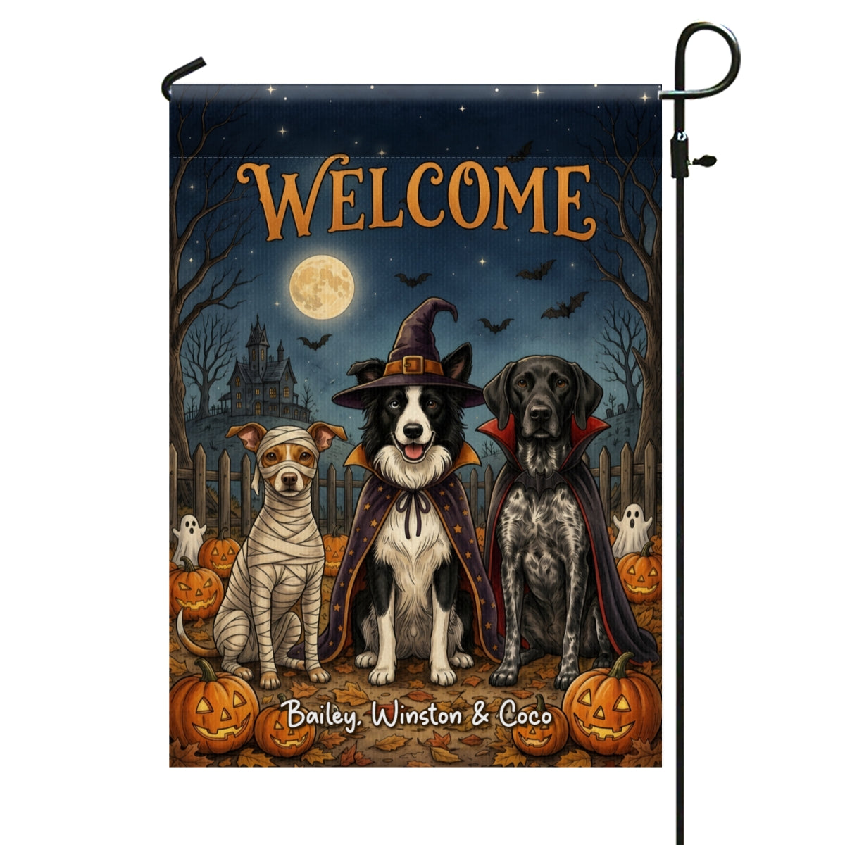 Vintage Dog Cat Halloween Night Photo Upload - Personalized Garden Flag - Halloween Gift For Dog Mom, Cat Mom
