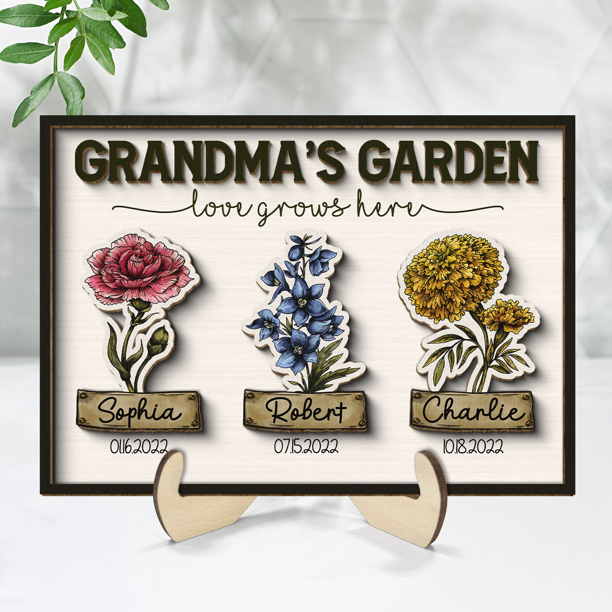 Grandma Garden Love Grows Here Grandkids Birth Flower Name and Birthday Personalized 2-Layer Wooden Plaque