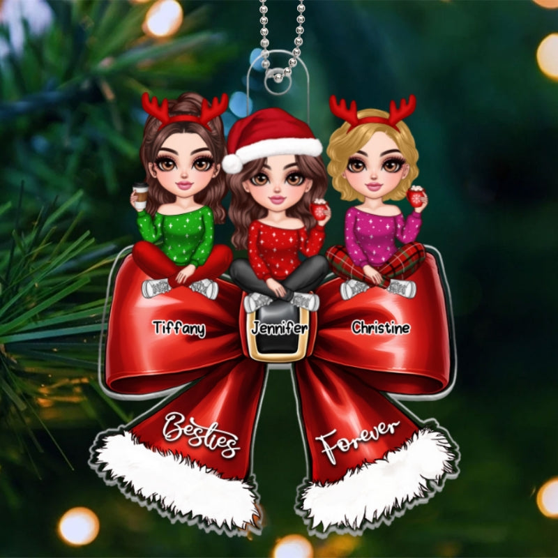Christmas Coquette Bow Best Friends Personalized Acrylic Ornament, Christmas Gift For Besties