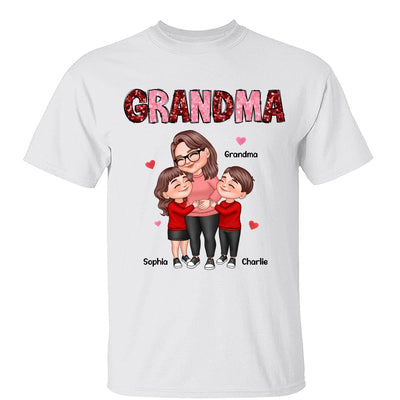 Grandma Grandkids Hugging Red & Pink Hearts Sequins Effect Personalized Shirt
