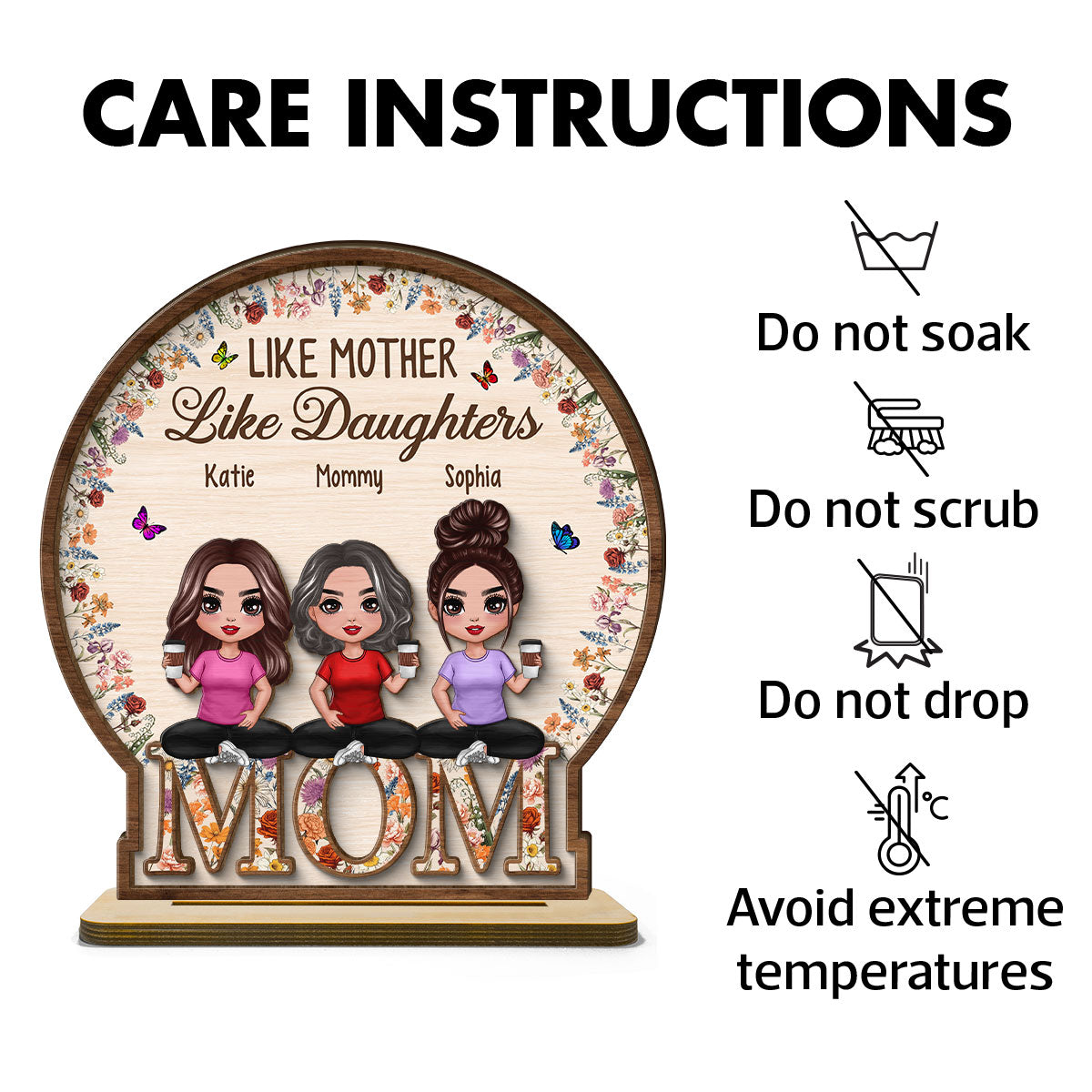 Like Mother Like Daughter Vintage Flowers Word Personalized 2-Layer Standing Wooden Plaque