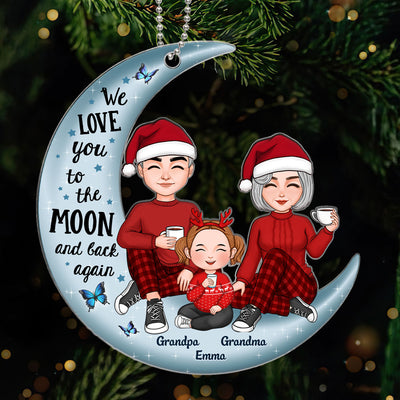 Cute Grandma Grandpa Grandparents & Grandkid On Moon Personalized Acrylic Ornament