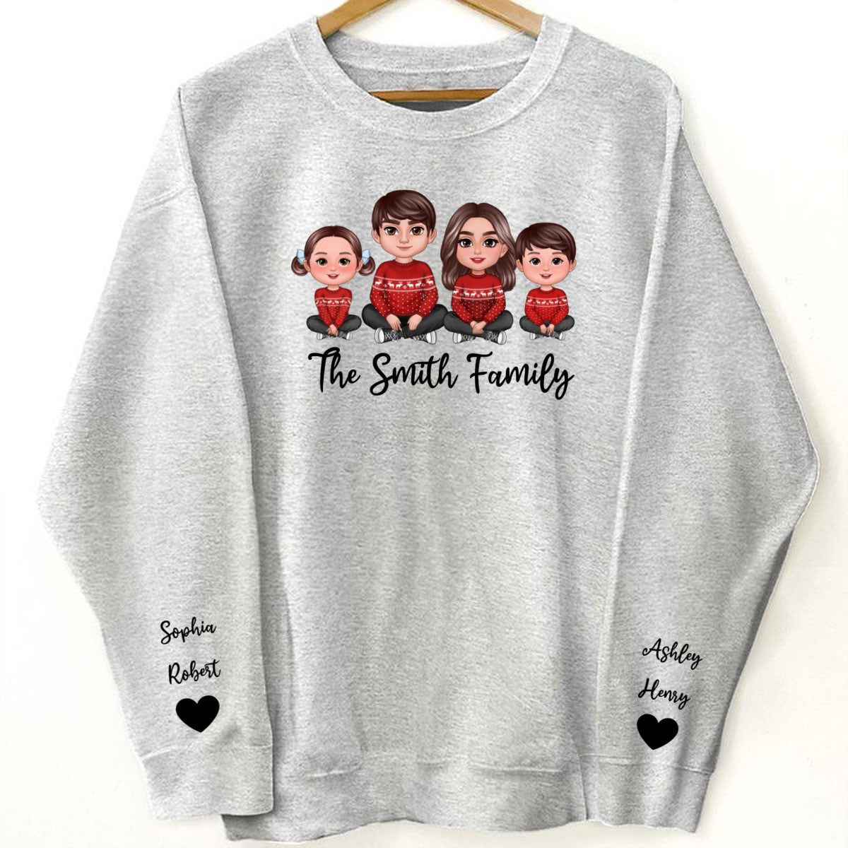 Doll Family Sitting Christmas Personalized Sleeve Printed Sweatshirt