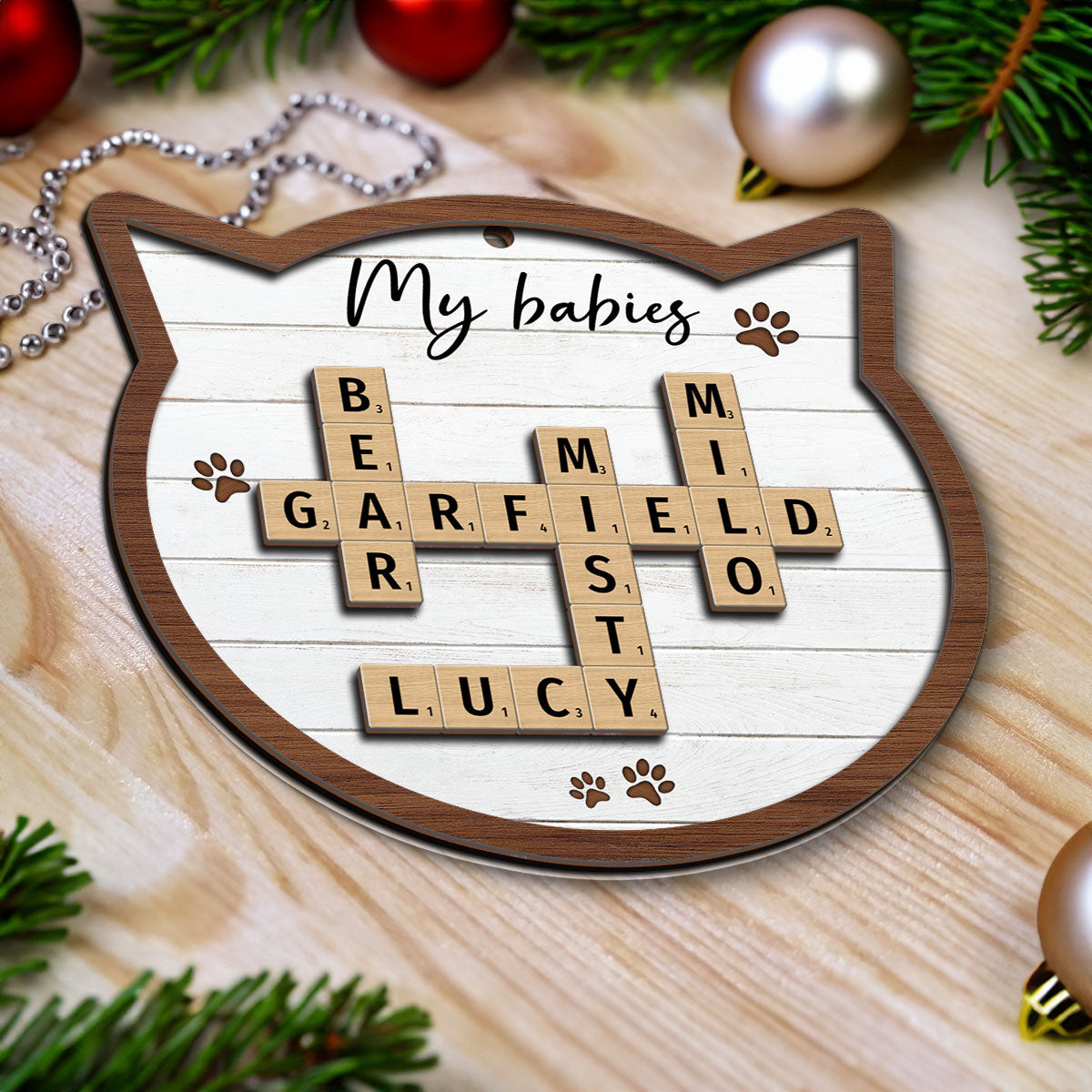 Cat Lover Gift Crossword Puzzle Art Personalized 2-Layer Wooden Ornament [Can add up to 20 cat names]