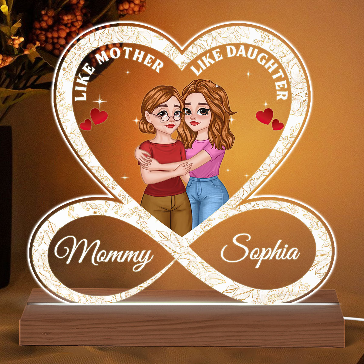 Infinity Heart Hugging Cartoon Mom Daughter Personalized Custom Shape Acrylic Plaque With LED Night Light