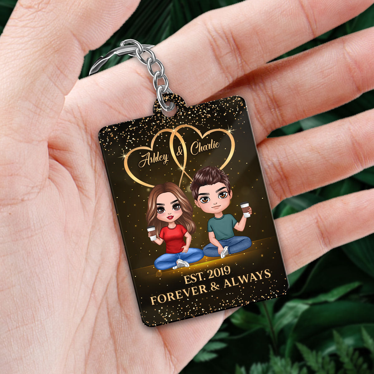 Galaxy Doll Couple Sitting Favorite Song Scannable QR Code Personalized Acrylic Keychain