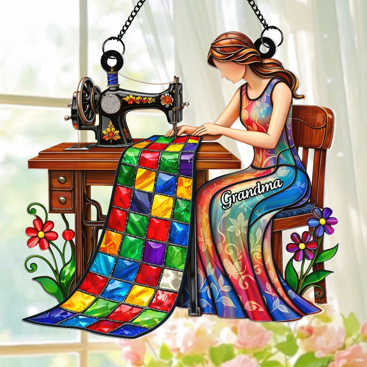 Mom Grandma Sewing Colorful Quilt - Personalized Acrylic Window Hanging - Gift For Mom, Grandma