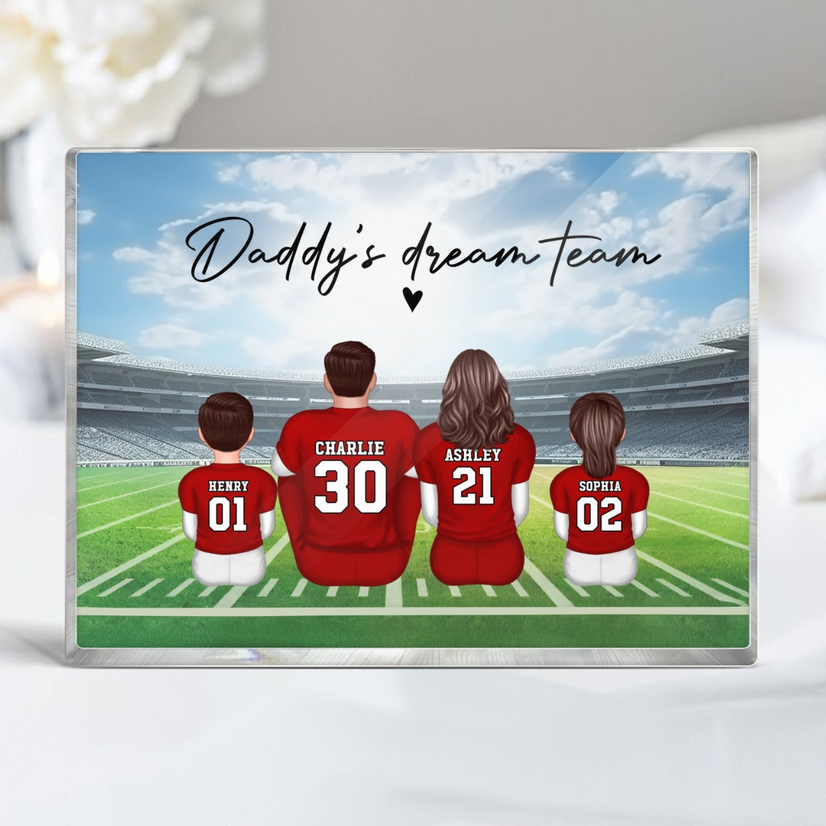 Daddy's Team Football Family Sitting Back View Personalized Acrylic Block, Father's Day Gift