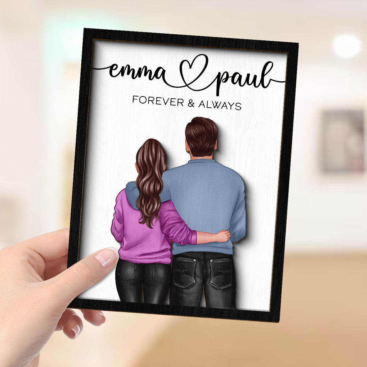 Couple Forever & Always Standing Back View Valentine‘s Day Gift For Him Gift For Her Personalized 2-Layer Wooden Plaque