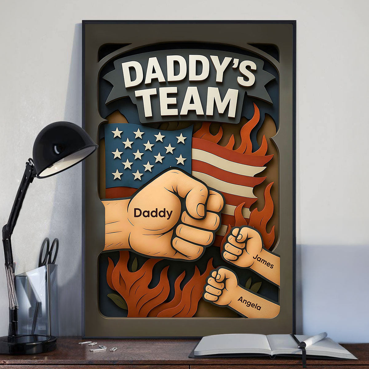 Daddy's Team Fist Bump 3D Effect Layered Personalized Poster, Father's Day Gift for Dad