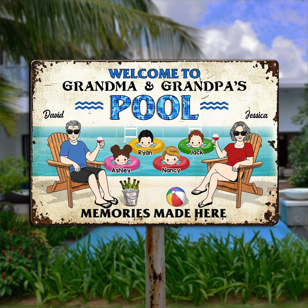 Welcome To Grandparents Pool Personalized Metal Sign, Housewarming Gift, Birthday Gift For Dad Mom Grandpa Grandma