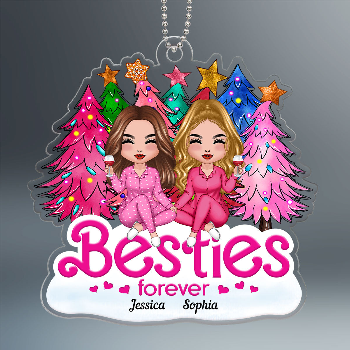 Pink Christmas Trees Doll Besties Sisters Christmas Gift For Best Friends Personalized Acrylic Ornament