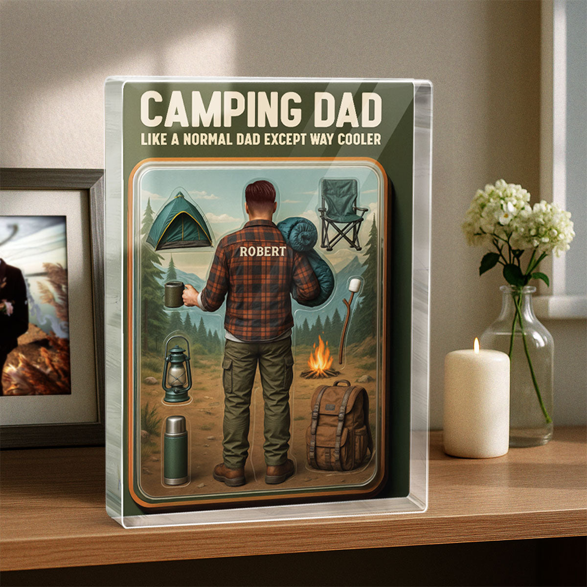 3D Effect Camping Dad Custom Figure Personalized Flat Rectangle Acrylic Block, Gift For Dad