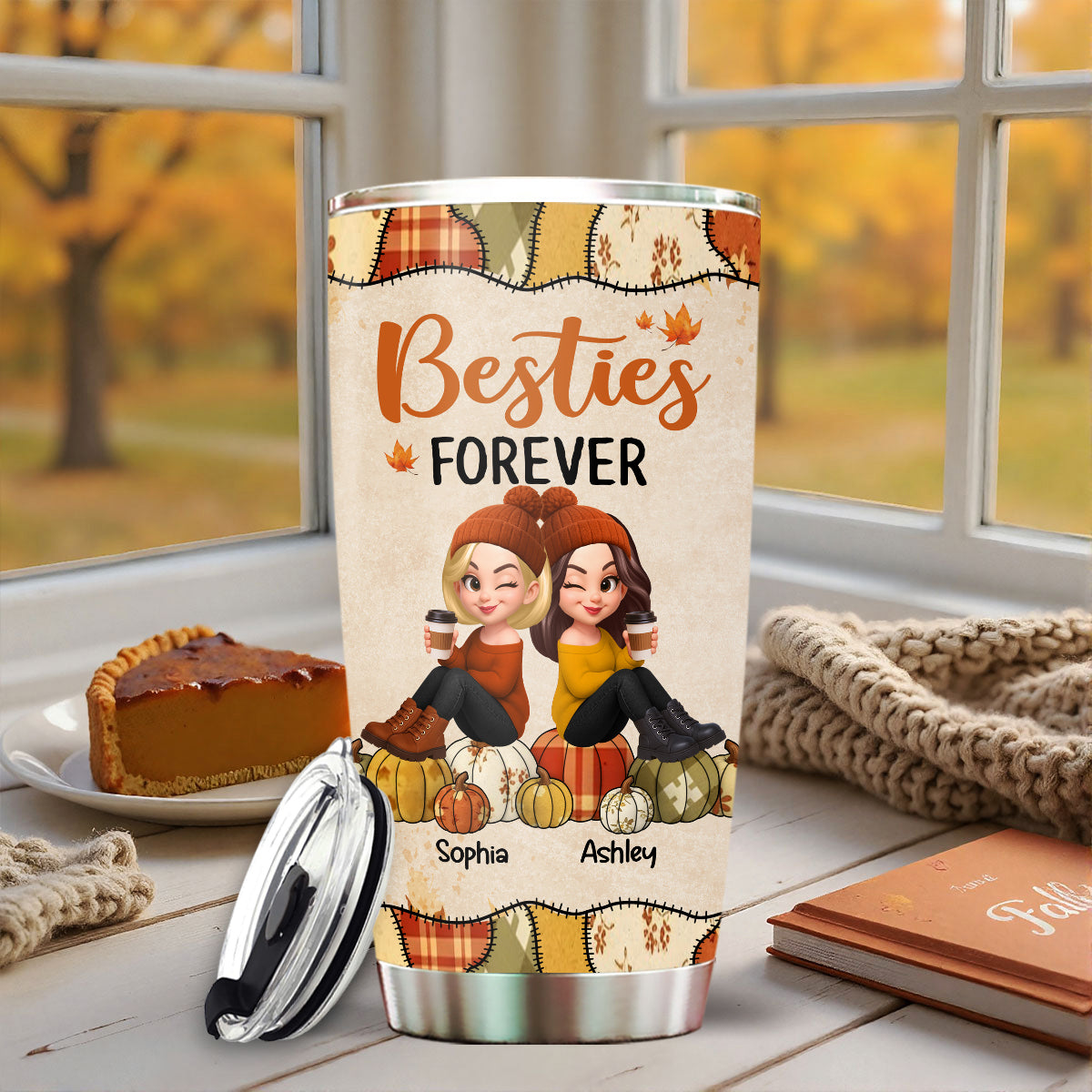 Besties Sisters Sitting On Pumpkin Preppy Floral Fall Season Personalized Tumbler