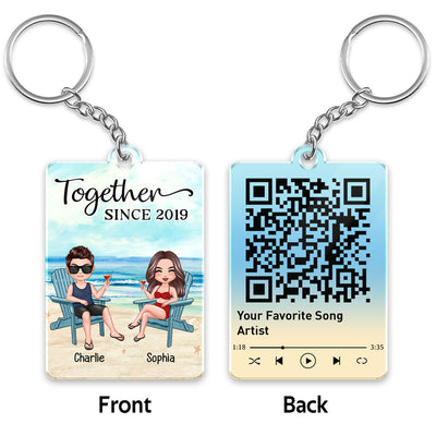 Doll Couple Sitting At Beach Favorite Song Scannable QR Code Personalized Acrylic Keychain
