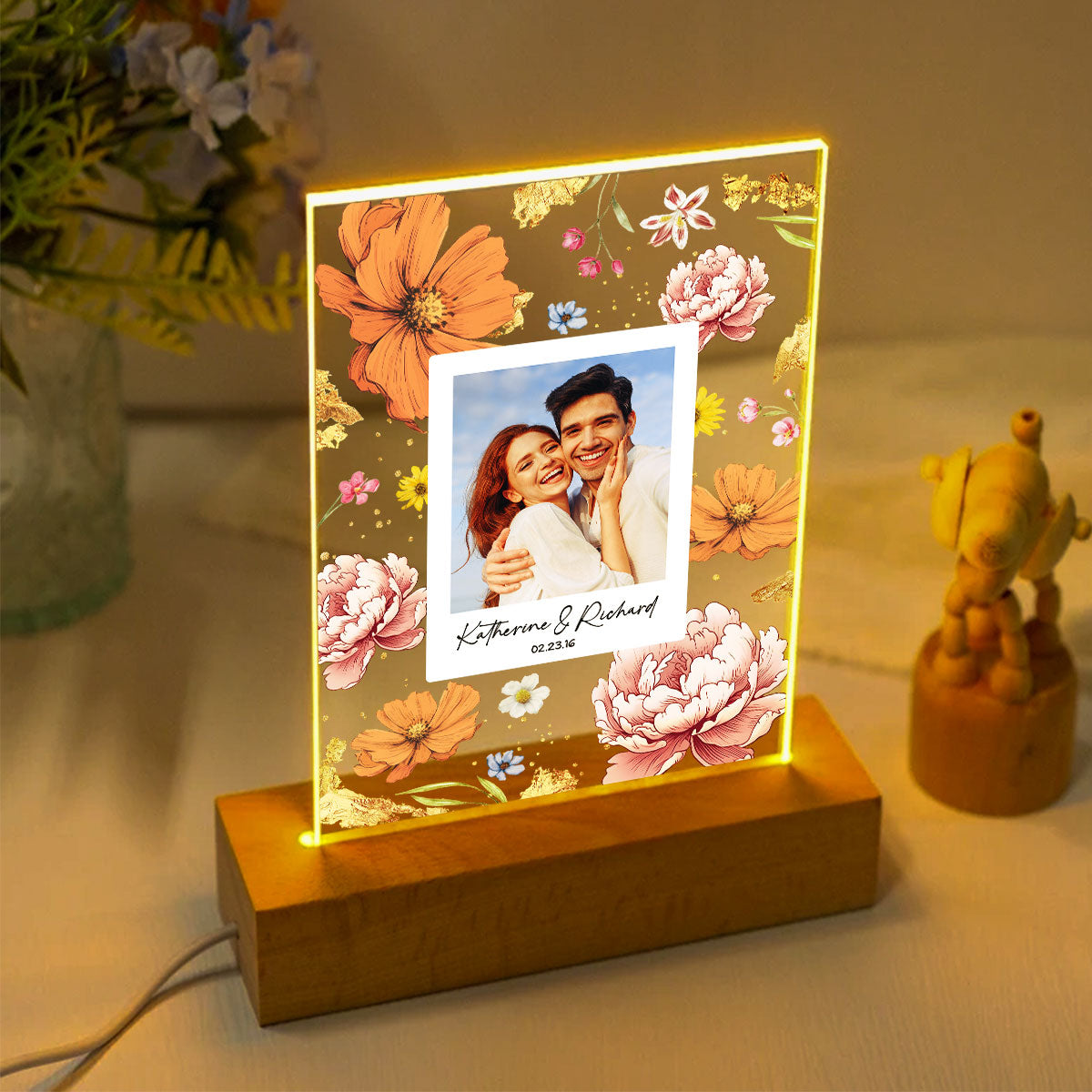 Couple Upload Photo Birth Month Flowers Personalized Acrylic LED Night Light, Anniversary Gift,  Gift