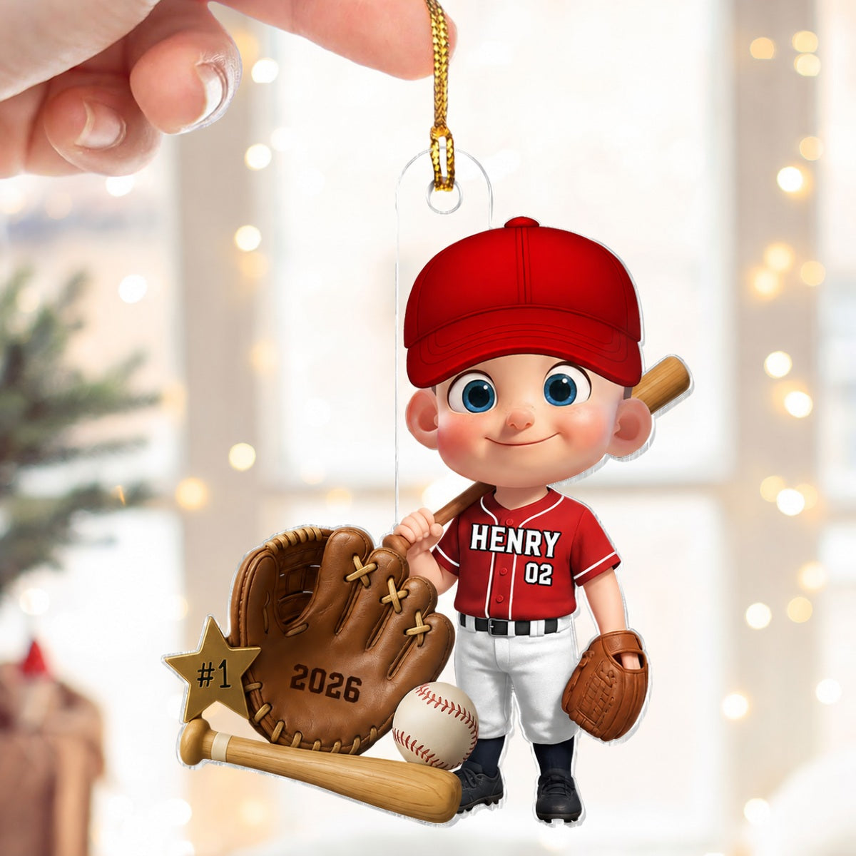 Baseball Player With Baseball Mitt Bat Ball - Personalized Acrylic Ornament - Gift For Kids, Grandkids