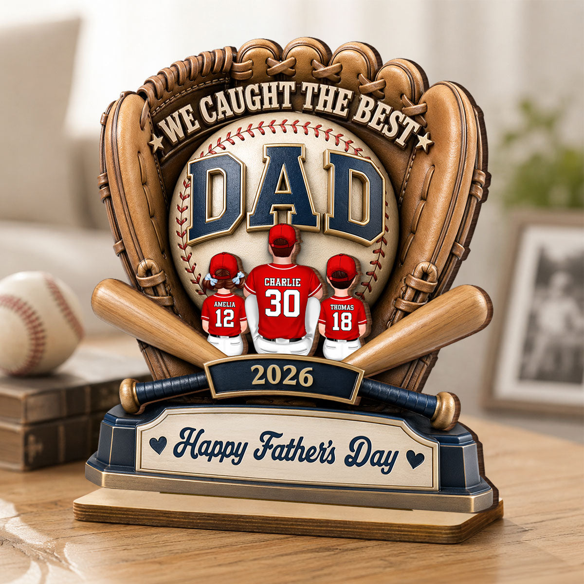 Dad's Greatest Catch Baseball - Personalized 2-Layered Wooden Plaque - Father's Day Gift For Dad, Husband