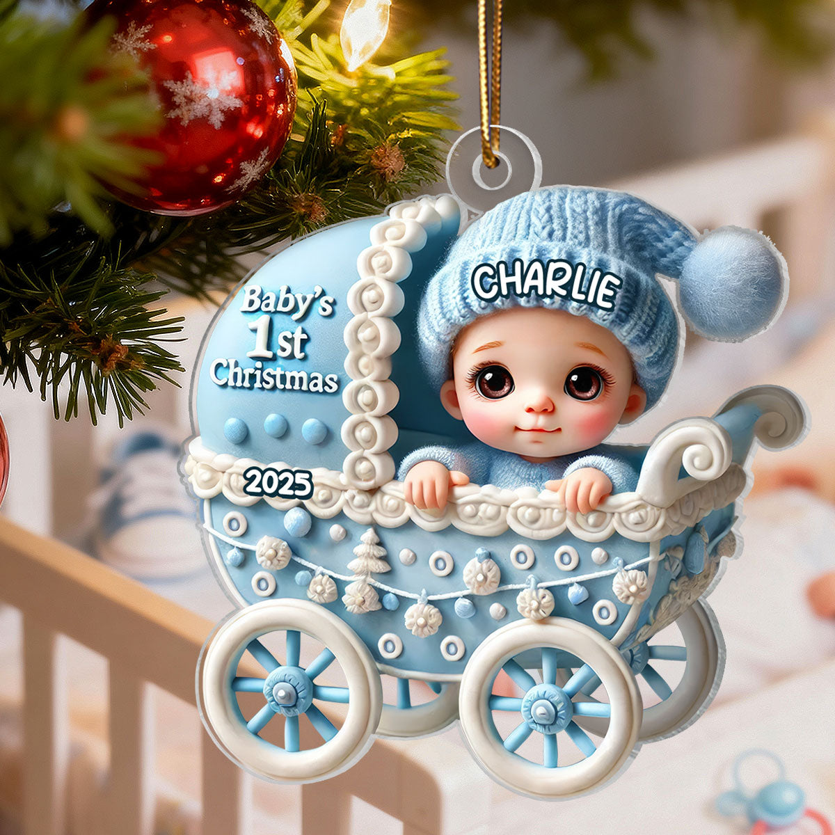 3D Effect Newborn Baby In Carriage Christmas Personalized Flat Acrylic Ornament, Christmas Gift For Newborns, New Parents