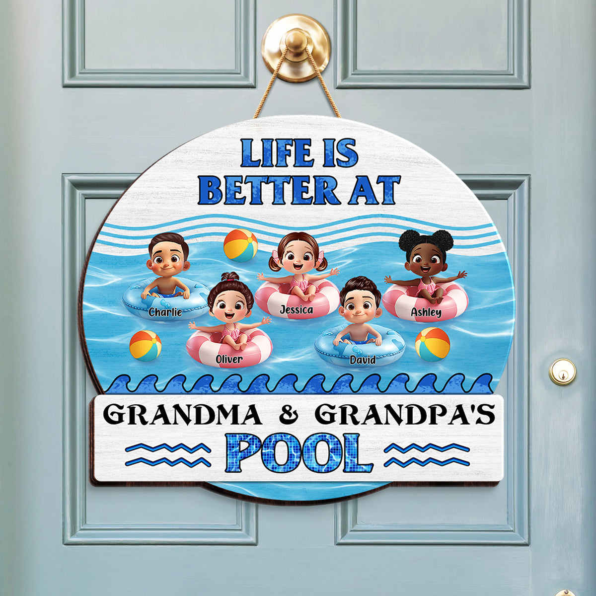 Life is Better at Grandma & Grandpa Pool Personalized Wooden Door Sign, Grandchildren Welcome Sign