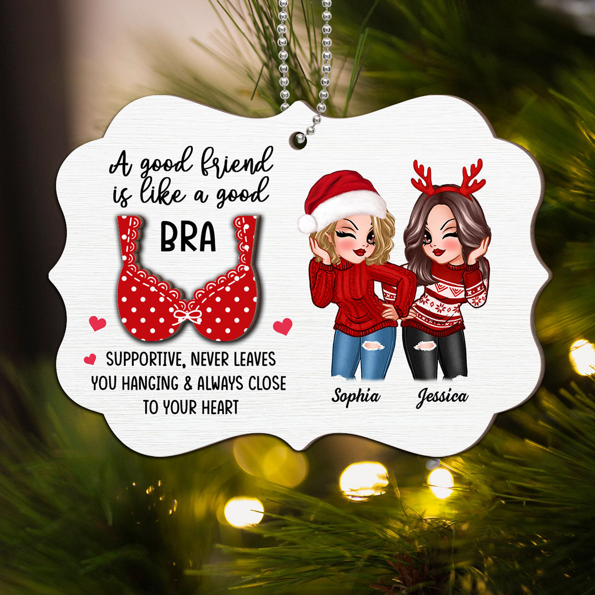 Sassy Besties A Good Friend Is Like A Good Bra Personalized 2-Layer Wooden Ornament