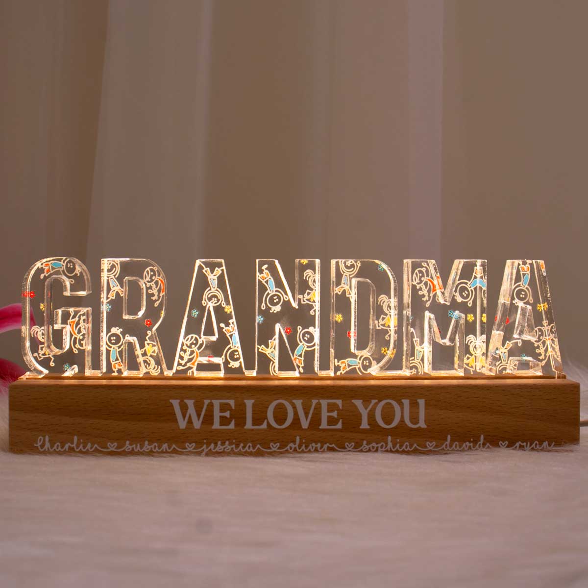 Grandma Drawing Cute Kids Personalized LED Night Light, Gift For Grandma