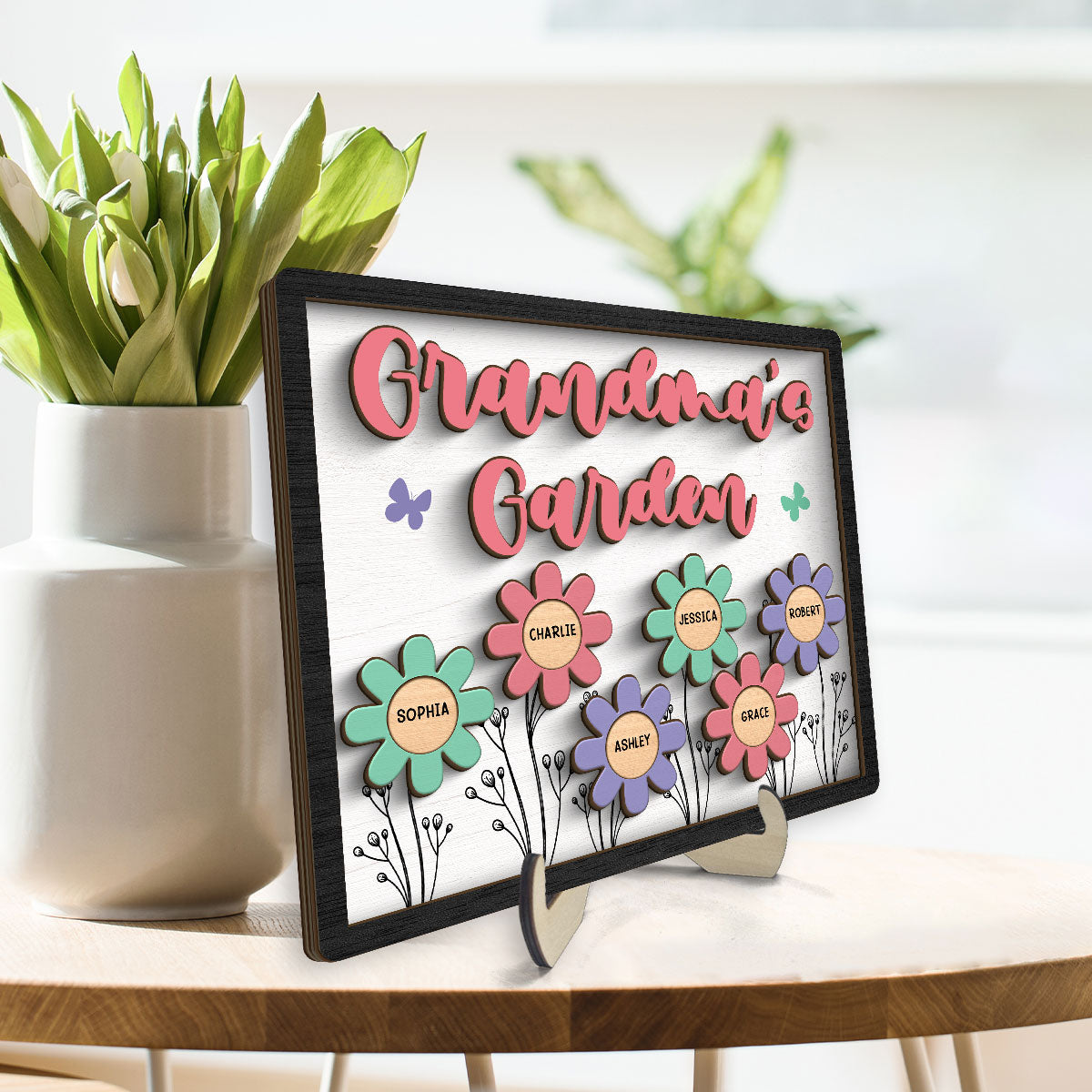 Grandma Mom Garden Colorful Flowers Personalized 2-layer Wooden Plaque
