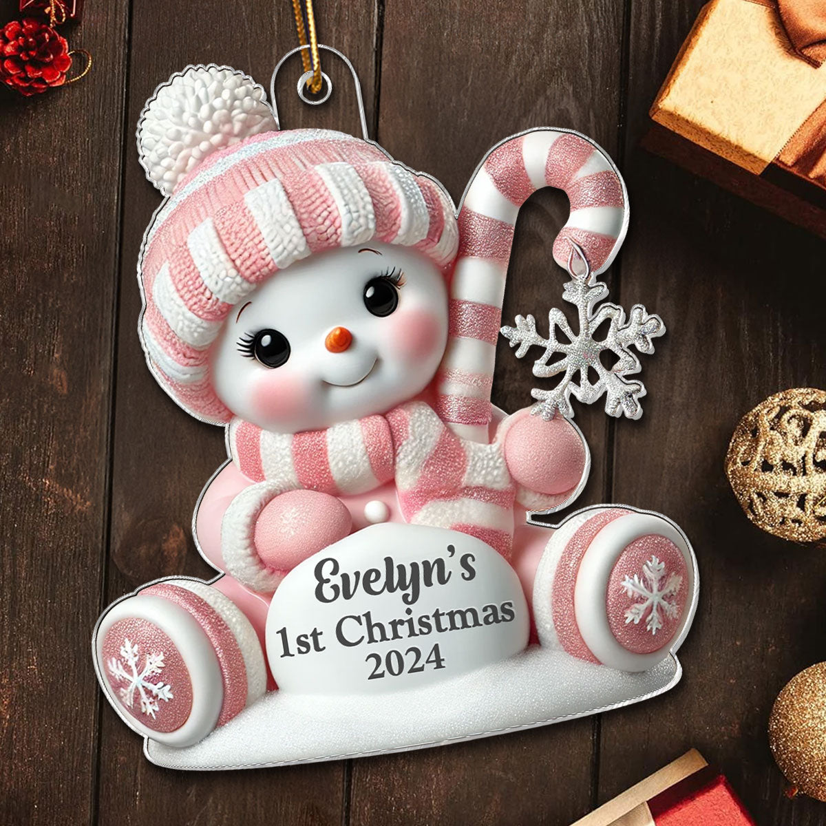 Cute Snowbaby Sitting On Snow 3D Effect Baby's First Christmas Personalized Acrylic Flat Ornament