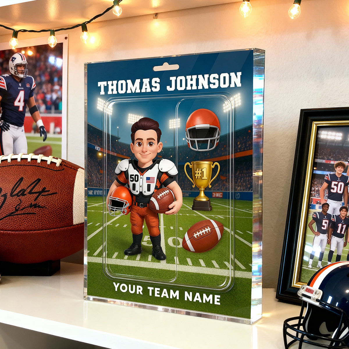 3D Effect Proud American Football Player Custom Figure Style - Personalized Acrylic Block Plaque - Christmas Gift For Soccer Players