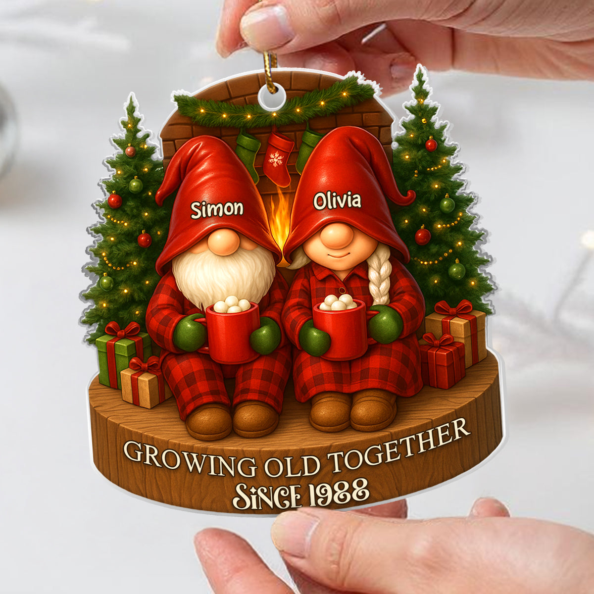 Gnome Couple With Hot Cocoa - Personalized Acrylic Ornament - Special Christmas Gift For Grandma, Grandpa, For Her, For Him