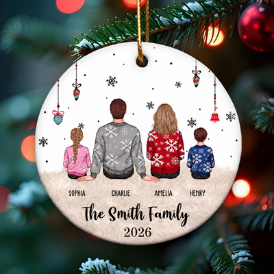 Personalized Big Christmas Family Ornament, Sitting Family Back View, Merry Christmas