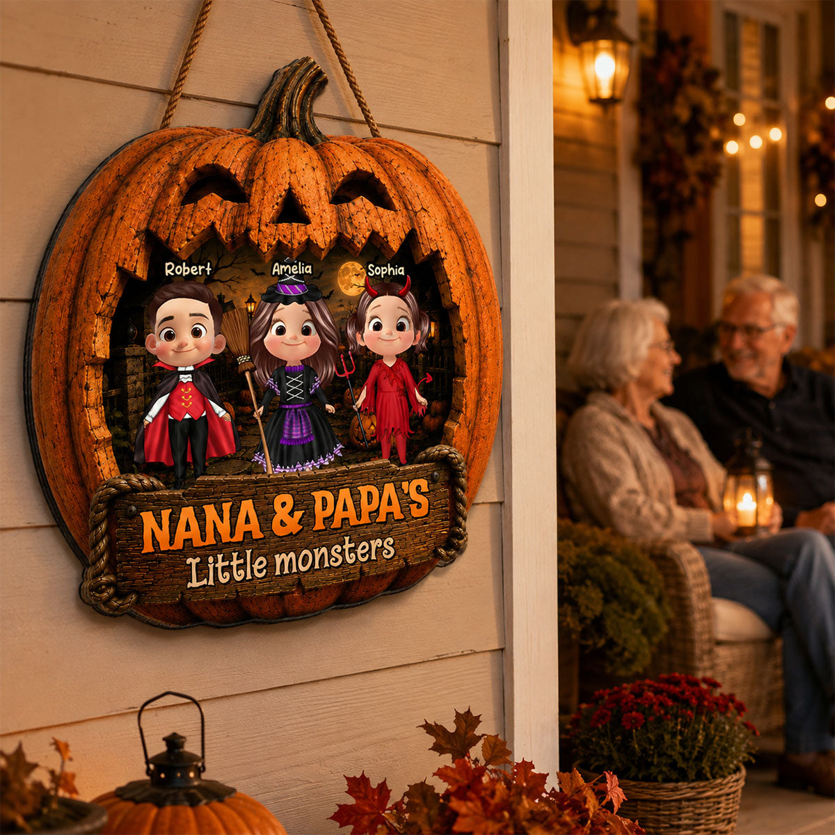 Grandpa & Grandma's Little Monsters - Personalized Wood Sign - Halloween Decor For Grandparents
