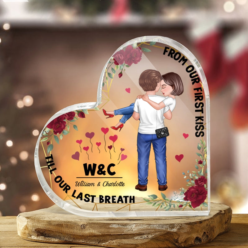 Embracing Hugging Doll Couple Floral Frame Personalized Heart Acrylic Plaque