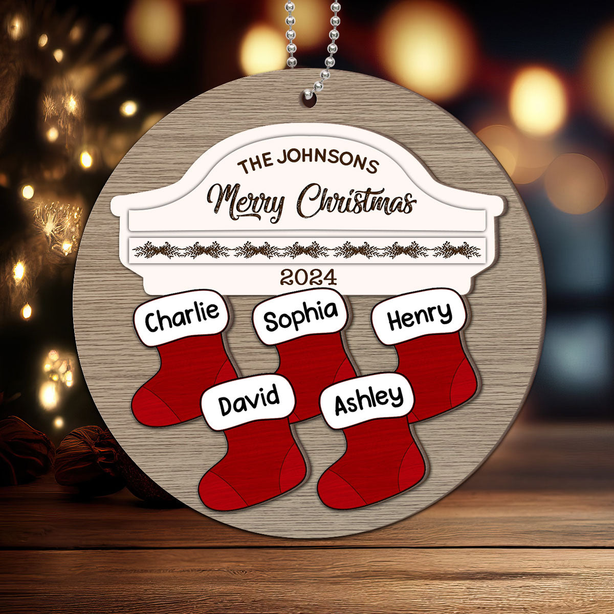 Family Name Stocking Christmas Decor Personalized 2-Layer Wooden Ornament