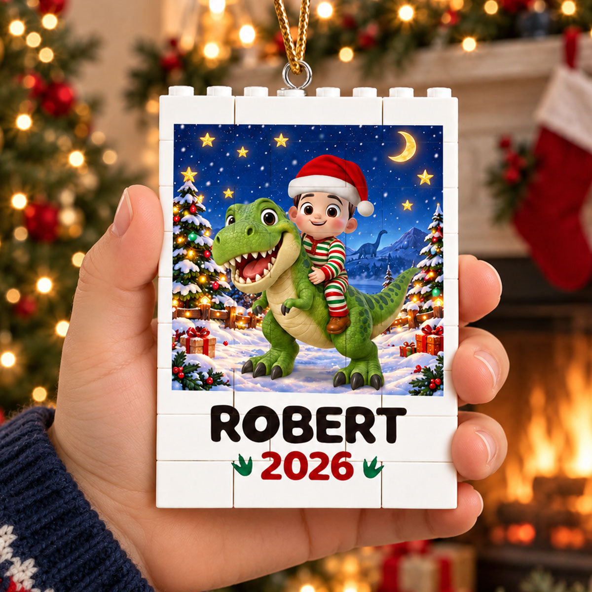 Trending Kid With Dinosaur Design For Boy Girl - Personalized Building Blocks Ornament - Christmas Gift For Grandkids