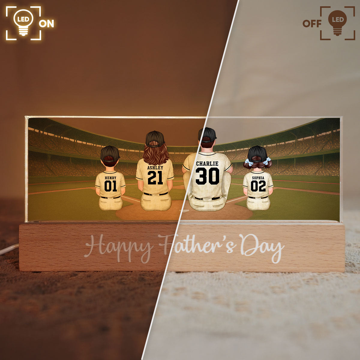 Retro Vintage Baseball Daddy's Dream Team Personalized Acrylic Block LED Night Light, Gift For Dad