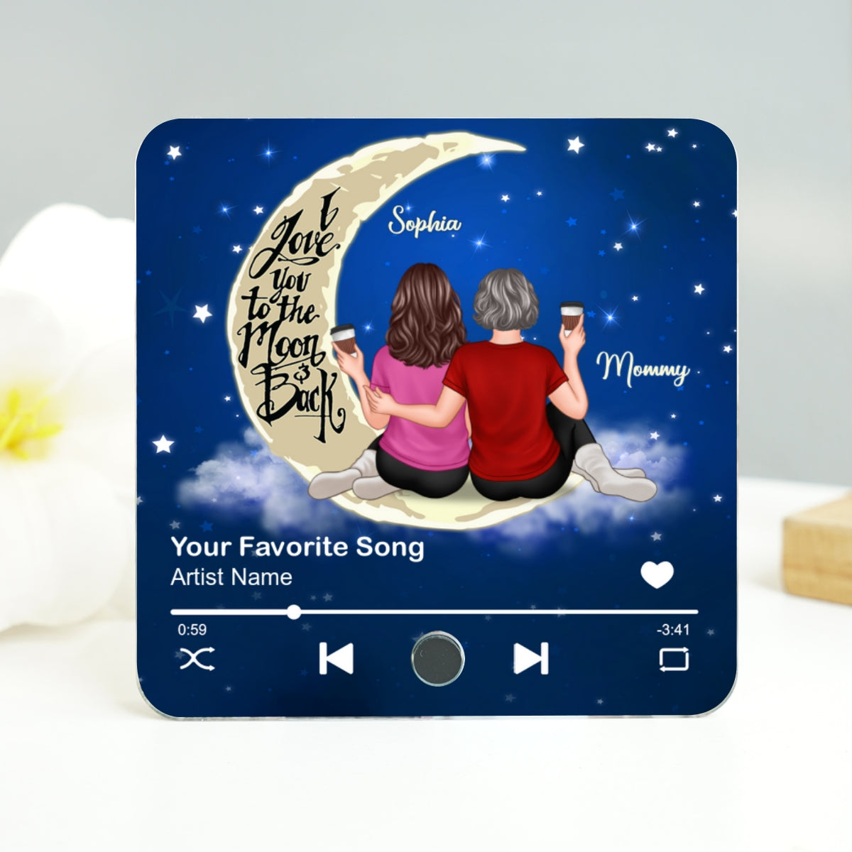 Mother Daughter Forever Linked Together, Sitting on Moon Personalized Music Fridge Magnet, Heartfelt Birthday, Gift for Mom