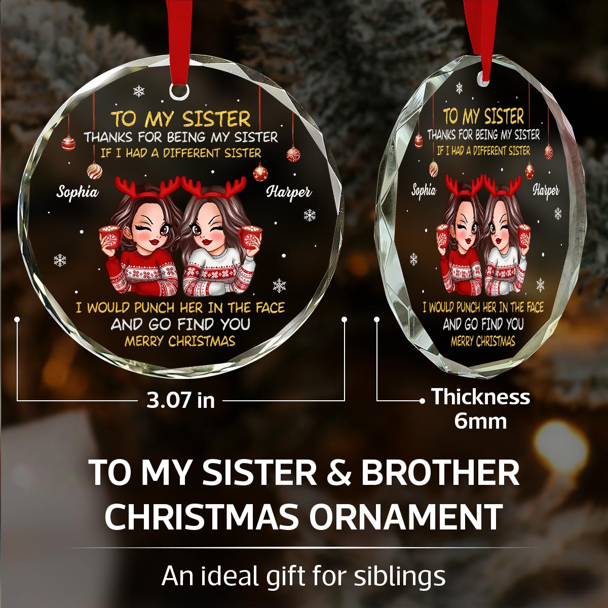 To My Sister Brother Merry Christmas Personalized Glass Ornament, Christmas Gift For Sisters, Brothers