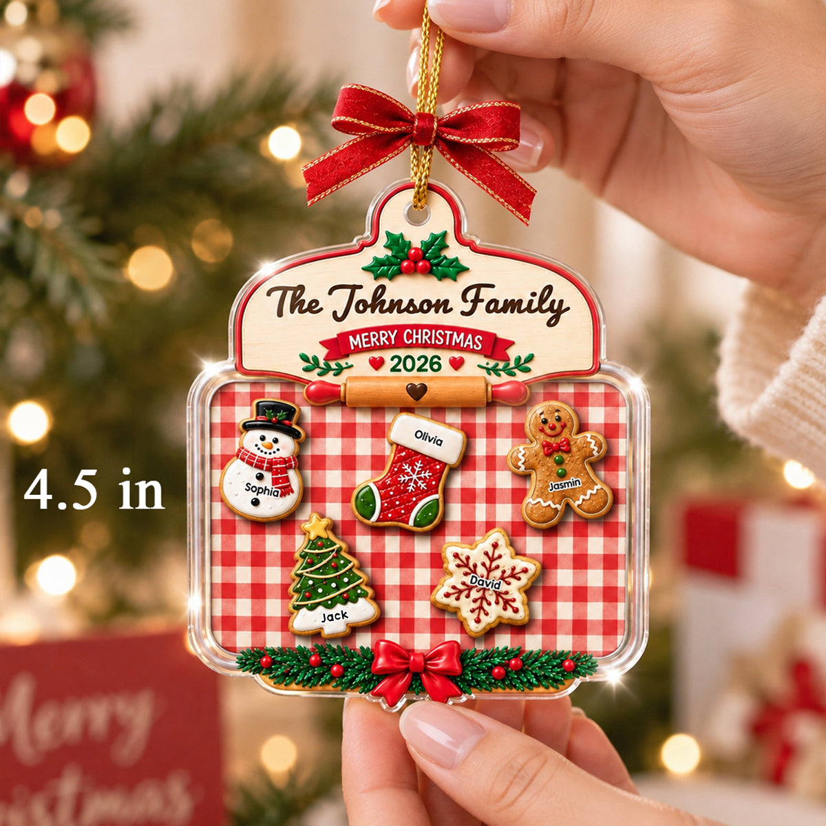 Family Cookie Plaid Pattern - Personalized Acrylic Ornament - Christmas Gift for Children