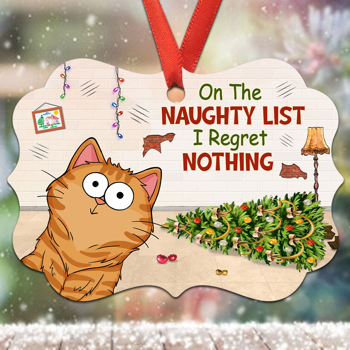 Fluffy Funny Cats Expressions On The Naughty List Regret Nothing Personalized Christmas Ornament