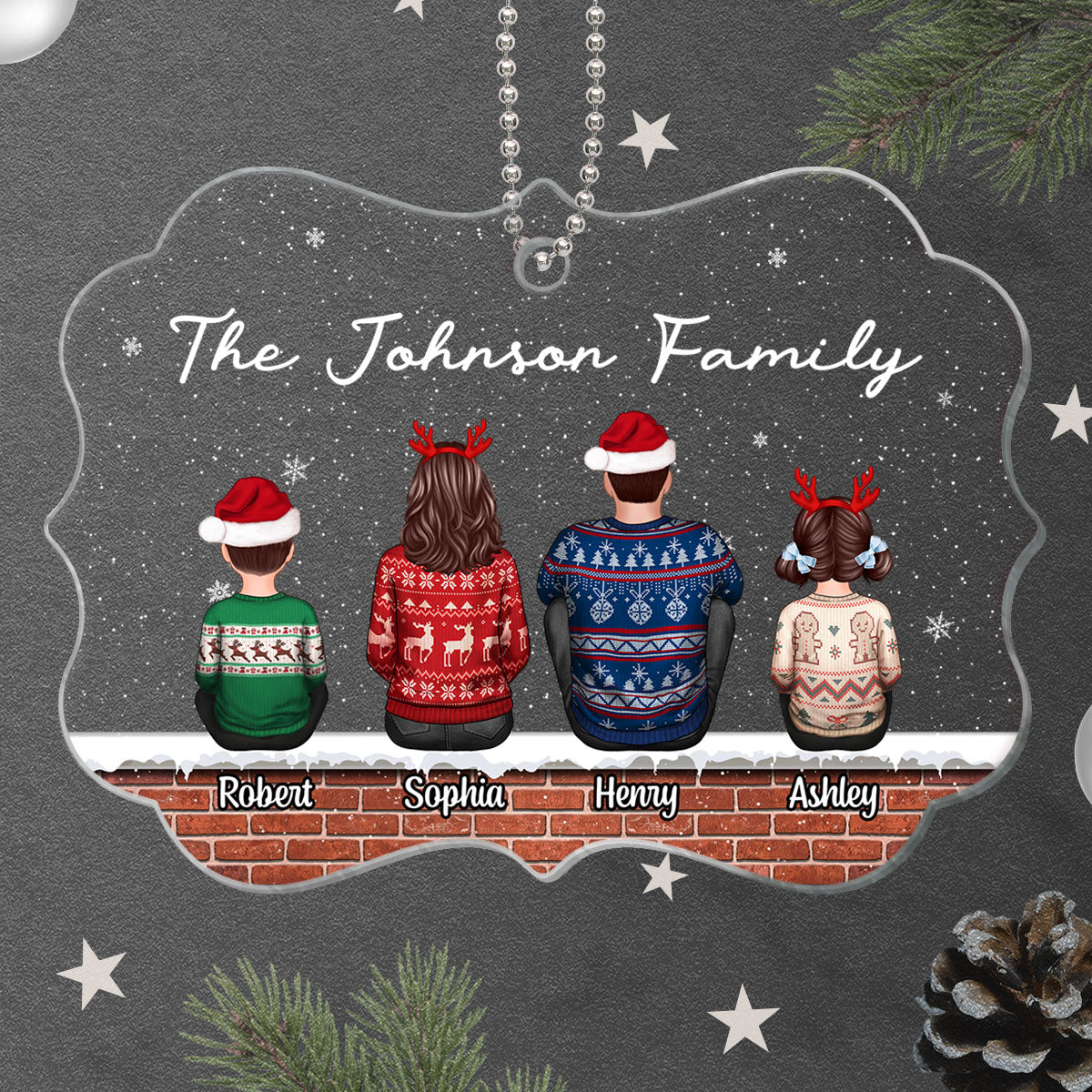 Family Back View Sitting On Brick Wall In Snow Personalized Acrylic Ornament