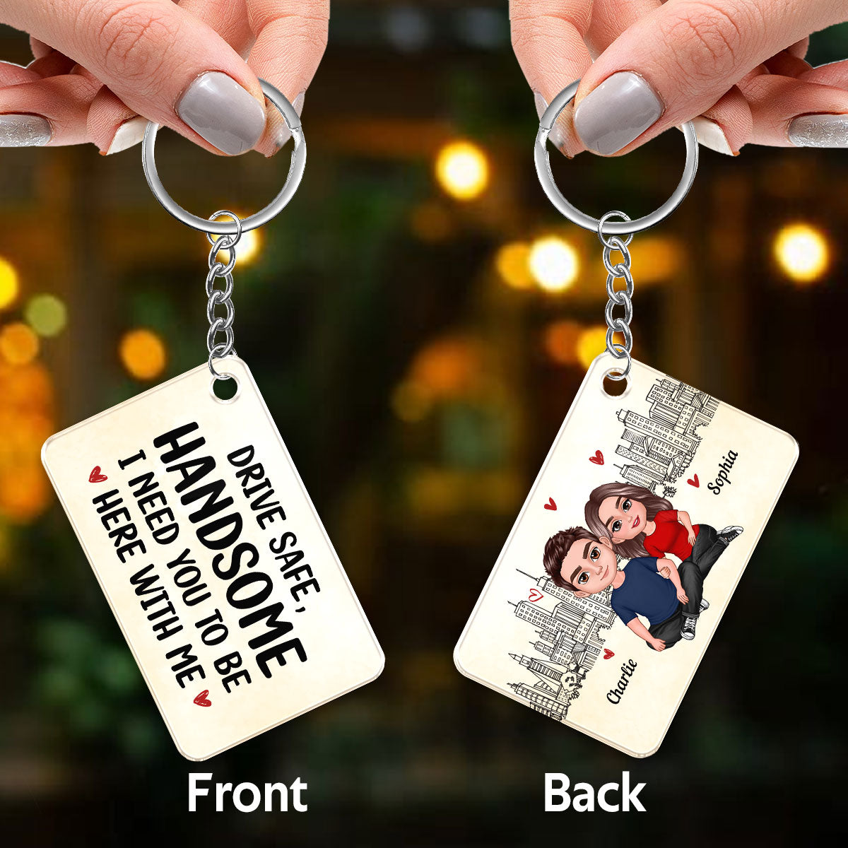 Couple Sitting Embracing Outline Background Personalized Acrylic Keychain