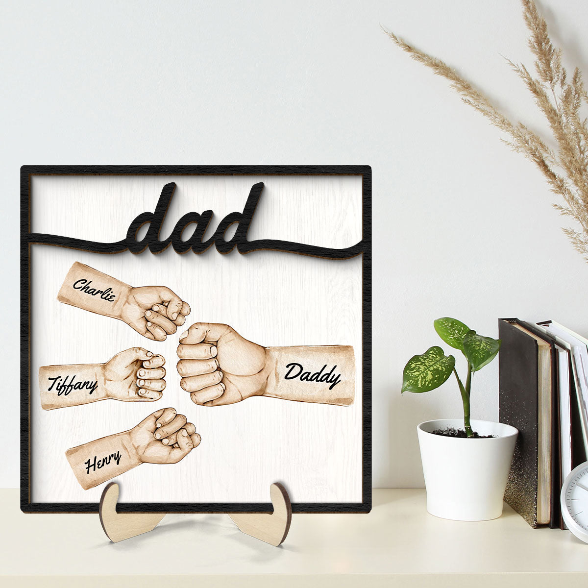 Dad Fist Bump With Kids Names Personalized 2-Layer Wooden Plaque
