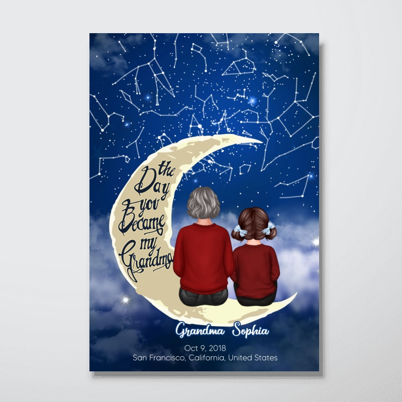 Grandma & Grandkid Sitting On Moon Custom Star Map Personalized Poster, Heartfelt Gift For Mom, For Grandma