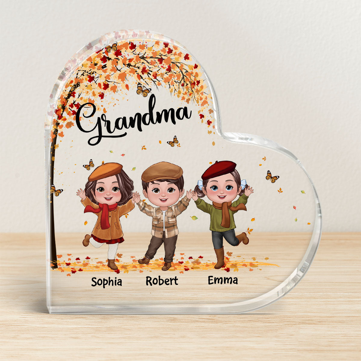Happy Doll Kids Under Fall Tree Personalized Heart Acrylic Plaque