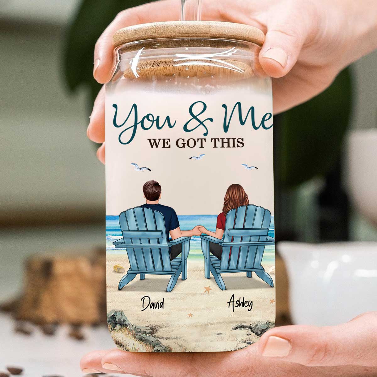 Back View Couple Sitting Beach Landscape Personalized Clear Glass Can