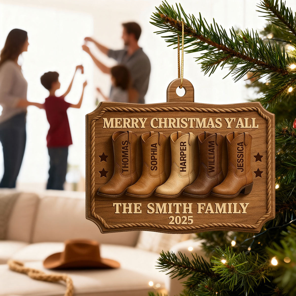 3D Effect Christmas Family Cowboy Boots Merry Christmas Y'all - Personalized Wooden Ornament - Gift For Family