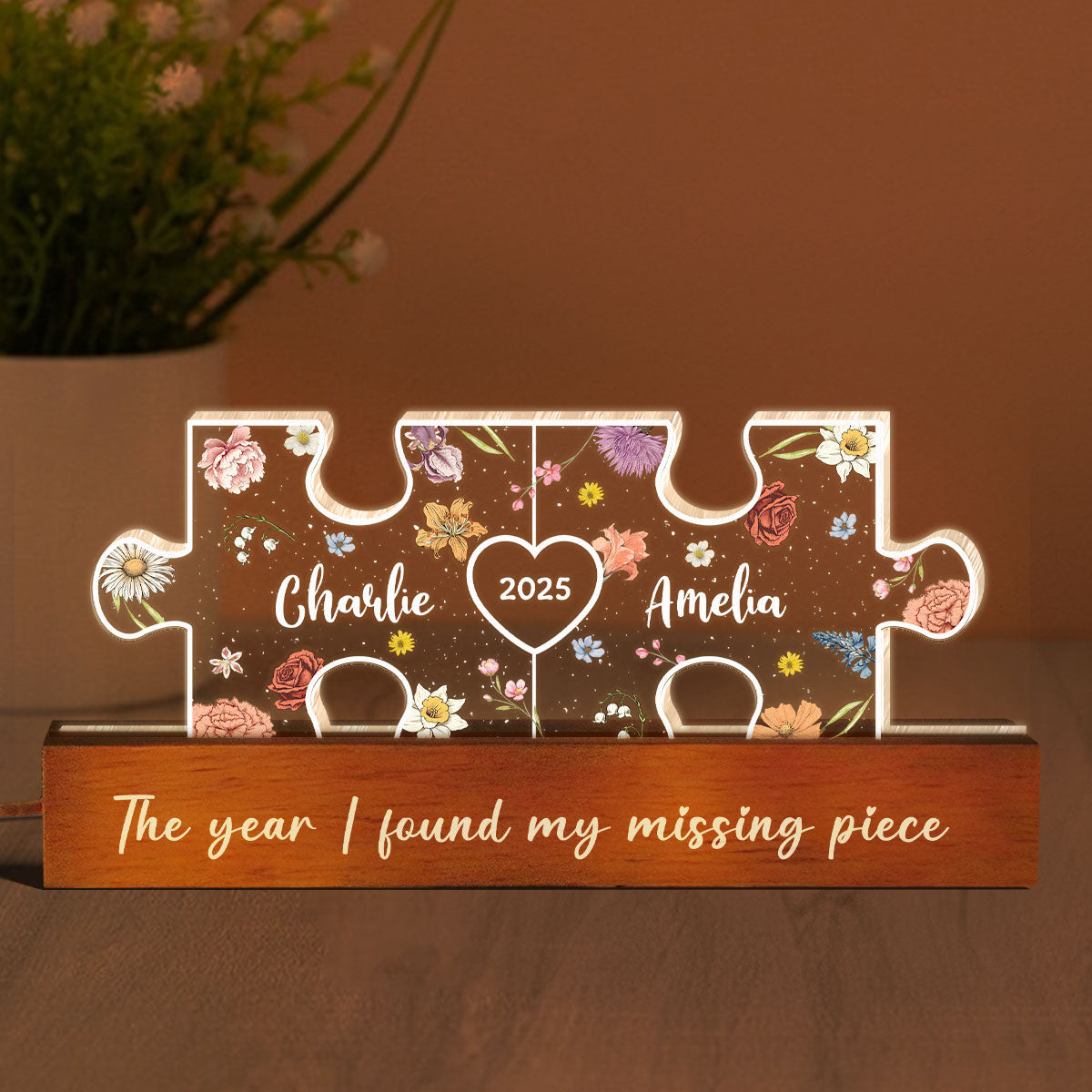 You Are My Missing Piece Couple Initials Floral Theme Personalized Acrylic LED Night Light, Heartfelt 2025  Gift, Anniversary Gift For Her, For Girlfriend, For Wife