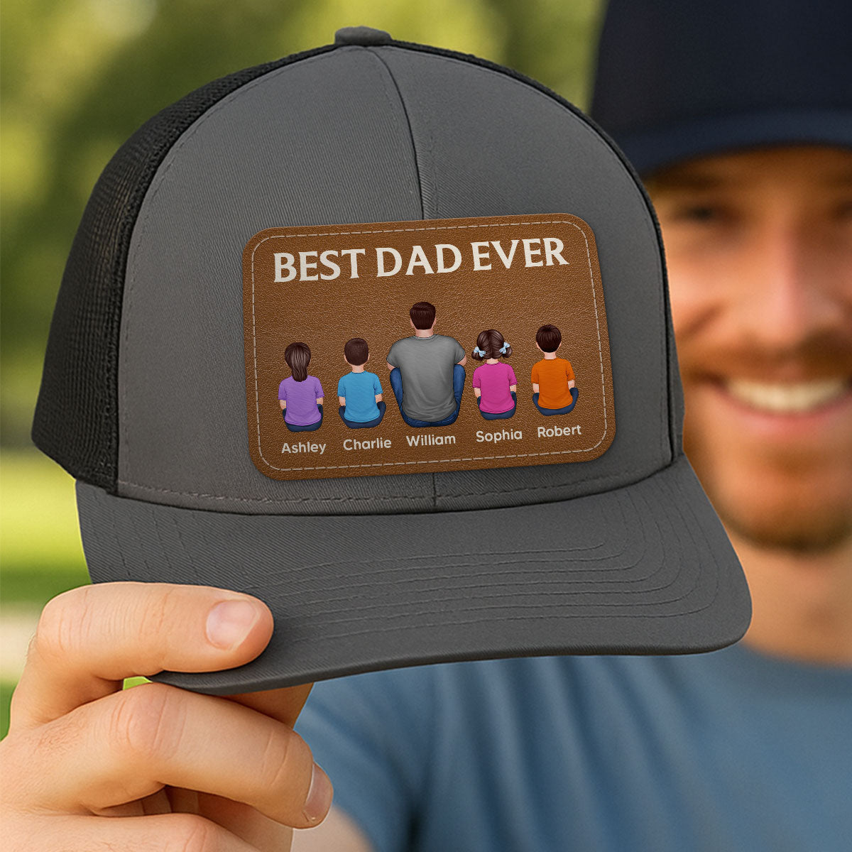 Best Dad Grandpa Ever Back View Sitting With Kids Personalized Leather Patch Hat